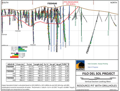 Filo Mining Resource Pit-Shell, North-South with Drill Holes (CNW Group/Filo Mining Corp.)